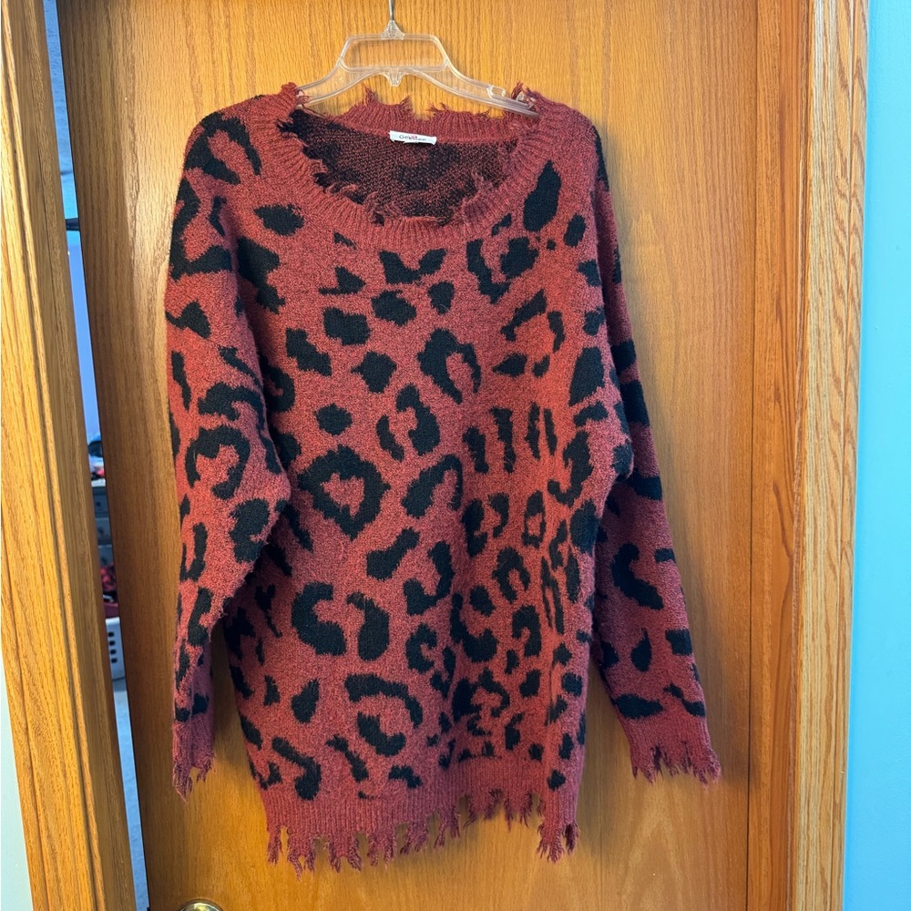 Chic Leopard Print Crew Neck Boutique Distressed Sweater
